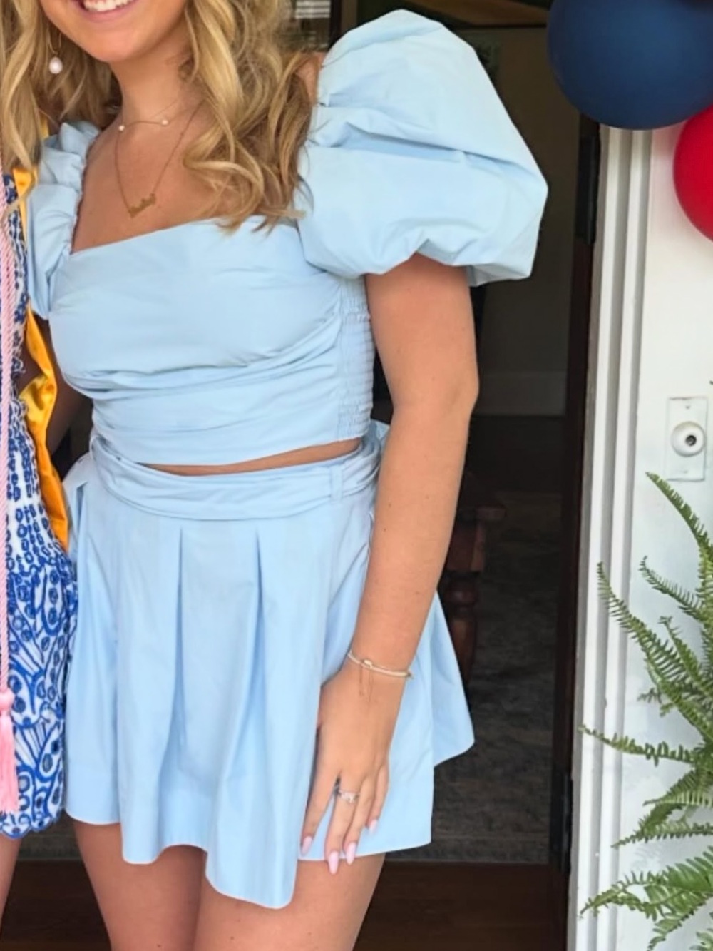 Amanda Uprichard Light Blue Pleated Mini Skirt Set - Puff Sleeve Crop Top